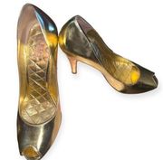 JLO Maya gold peep toe heels