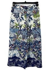 Joie SZ 10 Wide Leg Crop Pants Pocket Linen Blend Tropical Hawaiian Print Floral