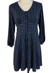 19 Cooper Medium Dress Fit 'n Flare Striped V-Neck 3/4 Sleeve Button-Up Lined