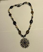 Signed CHAPS Brown / Black Bead Beaded Silver Tone Clasp Long Necklace / Pendant