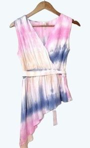 Versona Tank Asymmetrical Tie-Dye Pink Blue White V-Neck Top with Belt Small