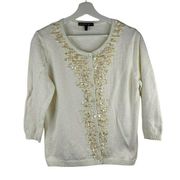 Lafayette 148 Size L Beaded Shells Embellish Button Front Cardigan Sweater M215