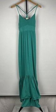 Billabong Blue Green Smocked Bust Spaghetti Racerback Hi Low Ruffle Hem Dress M