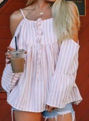 Andthewhy Light Pink White Striped Boho Cold Shoulder Women’s Size Large