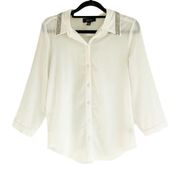 BCX White Sheer Button Up Rhinestone Blouse M