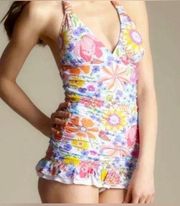 Coco Rave Floral Ruched Pinup Rockabilly Swimsuit Dress S