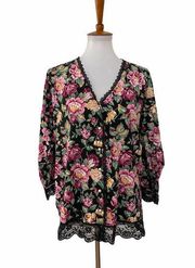 Victorias Secret Vintage Floral Lace Trim Button Up Shirt Black Pink S Small