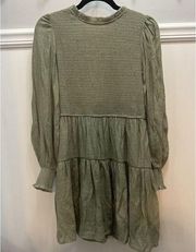 BLU PEPPER Smocked Dress Long Sleeve Lined Olive Green Boho Country Festival NEW