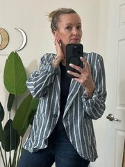 Sanctuary Women's Blue Stripe Linen Blend Back Pleat Blazer Size M