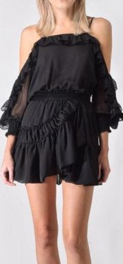 Misa Los Angeles Emelie Tie Cold Shoulder Ruffle Hem Mini Dress Black Women's XS