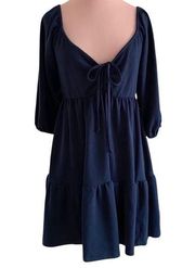 Max + Ash Tiered Knit Dress w/Puff Sleeve & Tie Front Navy Blue Size Medium NWT