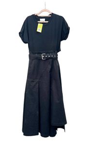 3.1 Phillip Lim Belted Asymmetrical Pleated Flare Midi Dress Black Womens Size 4