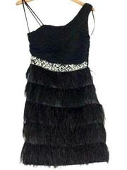 Bee Darlin One Shoulder Black Rhinestone Crystal Belt Dress Ostrich 7/8 Ruched