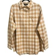 Lands' End Plaid 1/4 Button Flannel Shirt Pullover Top Tan/White 2X 20W-22W