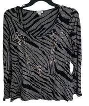 Cache Womens Black Gray Animal Print Scoop Neck Long Sleeve Blouse Top Size M