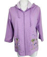 Breckenridge summer birdhouse embroidered purple hooded zip jacket 3/4 sleeve Si