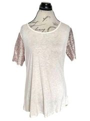 About A Girl Womens Sz XL Blouse  Oatmeal Sequin Short  Sleeve Rose Gold Sparkly