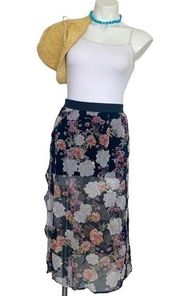 PLANET Blue chiffon floral slit midi skirt XSMALL black purple high waist