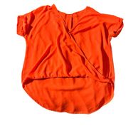 Lush women's  neon orange v-neck twist blouse, longer in the back