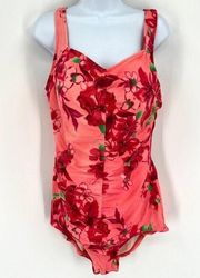 Vintage Maxine of Hollywood Hawaiian Floral Red One Piece Swimsuit Size 18