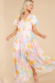 Boutique Floral Pastel Short Sleeve Button Front Chiffon Maxi Dress Small