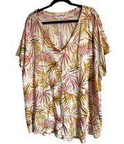 Sigrid Olsen 100% Linen Short Sleeve V Neck Blouse Tropical Palm Leaf Print 3X