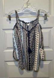 Blue/Cream Boho Print Cold Shoulder 3/4 Sleeve Blouse size L