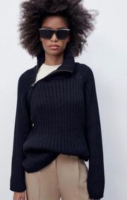 Zara Cable Knit Chunky Sweater with Size Zip Navy Blue Medium