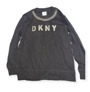 DKNY Everywhere Sweatshirt Logo Studded Rhinestone Black Crew Neck Sz S