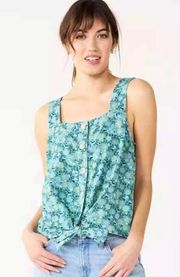 Women's Teal Floral Linen Blend Square Neck Tank Top with Tie Hem Sz L