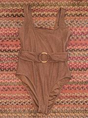 BROWN KNIT BELTED SCOOP NECK ONE PIECE BIKINI BODYSUIT