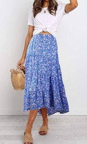 PRETTYGARDEN Ditzy Blue Floral Skirt Midi Boho Elastic High Waist Skirt - XL