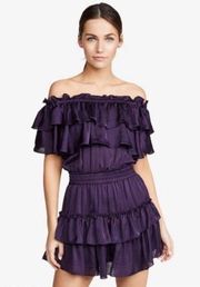 Misa Giada Purple satin ruffle dress off shoulder