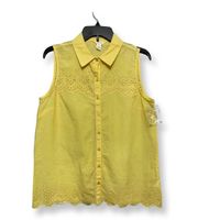 Womens Button Up Shirt Gold Sleeveless Collar Eyelet Cutout Retro S New