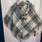 Brooks Brothers Ivory Gray Tan Plaid Fringe Poncho with Double Closure