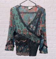 Alberto Makali green black lace gauzy paisley stretchy quarter sleeve top