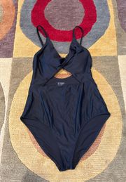 Like-New  Black Twist Front Cutout One Piece Bathing Suit Size Large Long