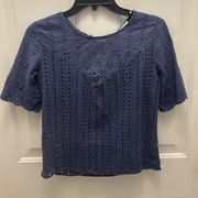 Amour Vert Blue Eyelet Short Sleeve Tie Back Cut Out Blouse Size XS