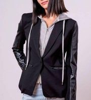 Central Park West Womens Ryder Dickie Leather Trim Hooded Blazer Black Small