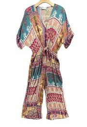 Dress Forum Jumpsuits Womens Size M Multi Boho Print Wide Leg V Neck Knot Front