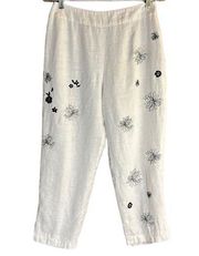 Harve Benard Cropped Linen Pants with Embroidered Flower Designs. Side Zipper