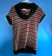 Piper & Blue Short Sleeve Cowl Neck Sweater Black,Red and White Stripe Size XL