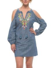 Macbeth Collection Floral Chambray Cold Shoulder Mini Dress Womens Size Medium