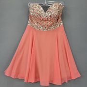 Terani Women's Dress Size 12 Orange Coral Mini Beads Formal Sultry Strapless Zip