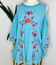 Umgee Top Cold Shoulder Turquoise floral Embroidered Boho Blouse