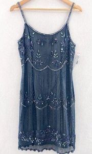 Papell Boutique Evening Women's Blue Silk Beaded Cocktail Dress size 10