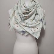 LC Lauren Conrad Mint Multi Floral Raw Edge Scarf 40" X 72"