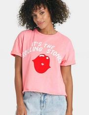 The Rolling Stones Pink White Red Lips Raw Hem Graphic Short Sleeve Band Tee