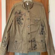 Venezia Vintage Lane Bryant Khaki Olive Cotton Asian Motif Jacket 18-20