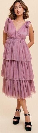 NWT In Loom Mauve Tiered Tie Strap Polka Dot Tulle Midi Dress Women’s Size Small